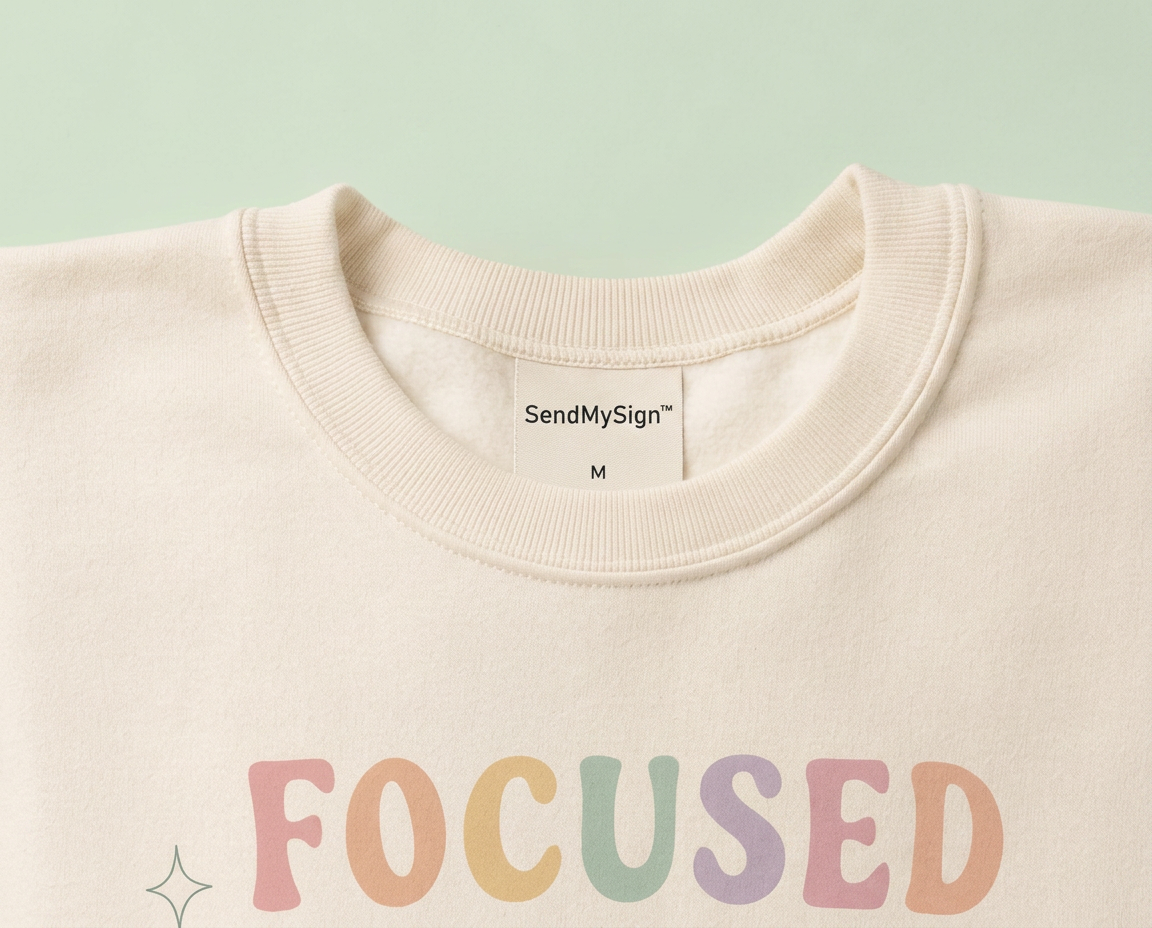 Cream sweatshirt printed FOCUSED AND FUELED in pastel letters