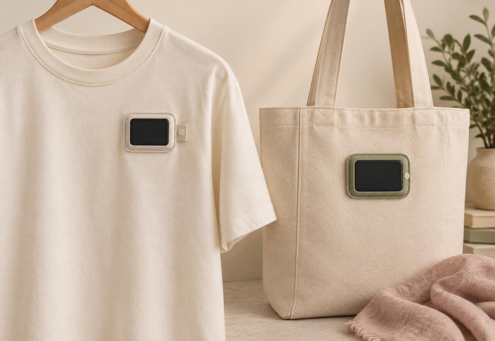 Concept of one covered electronic signal display used on a cream tee and canvas tote